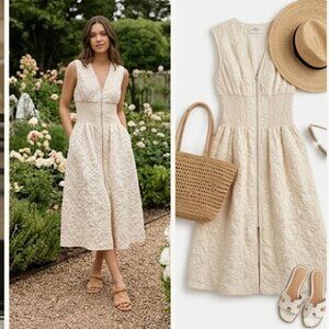 NWT Aureum The Vergara Front Zip Midi Dress Smocked Waist Embroidery Ivory Small